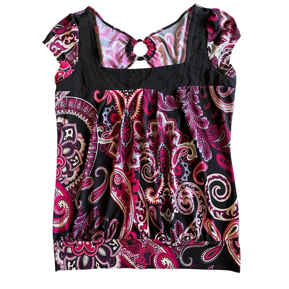 VTG HeartSoul Black Multi Paisley Cap Sleeve Shirred Front Keyhole Back Tank L
